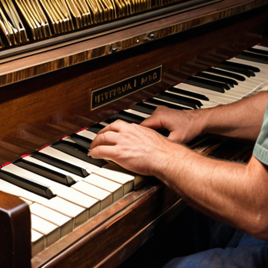 A close-up shot of a person, possibly a piano technician, meticulously inspecting the internal components of a vintage upright piano. The soundboard, strings, and hammers are clearly visible, illuminated by a focused flashlight beam. Emphasize the aged wood and metal textures, conveying a sense of detailed examination and the rich history of the instrument. The atmosphere is focused and professional, hinting at the depth of internal analysis.