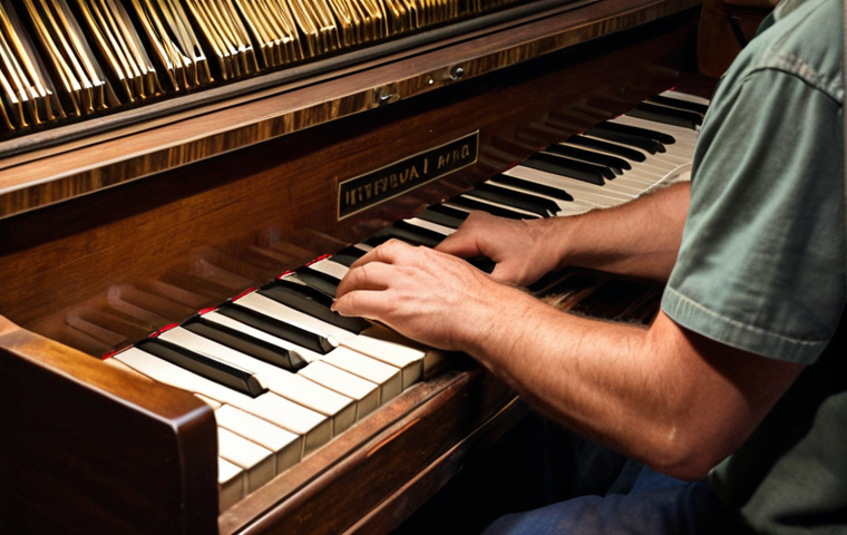 A close-up shot of a person, possibly a piano technician, meticulously inspecting the internal components of a vintage upright piano. The soundboard, strings, and hammers are clearly visible, illuminated by a focused flashlight beam. Emphasize the aged wood and metal textures, conveying a sense of detailed examination and the rich history of the instrument. The atmosphere is focused and professional, hinting at the depth of internal analysis.