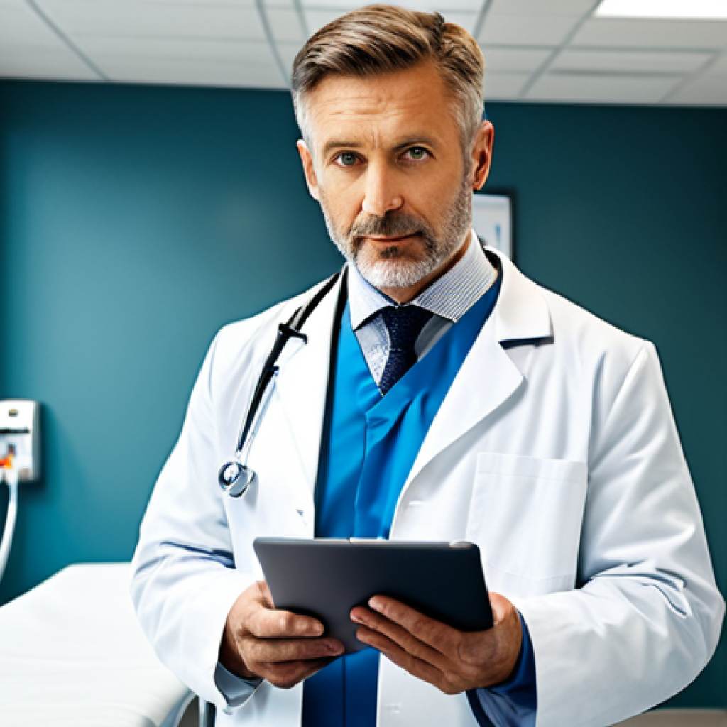 **
"A professional doctor, fully clothed in a clean, white lab coat, standing in a modern hospital examination room. Appropriate attire, stethoscope around neck, holding a tablet with a medical record displayed. Safe for work, perfect anatomy, correct proportions, natural pose, professional photography, well-lit."
**