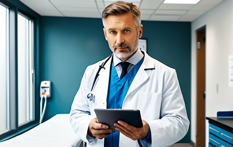 **
"A professional doctor, fully clothed in a clean, white lab coat, standing in a modern hospital examination room. Appropriate attire, stethoscope around neck, holding a tablet with a medical record displayed. Safe for work, perfect anatomy, correct proportions, natural pose, professional photography, well-lit."
**