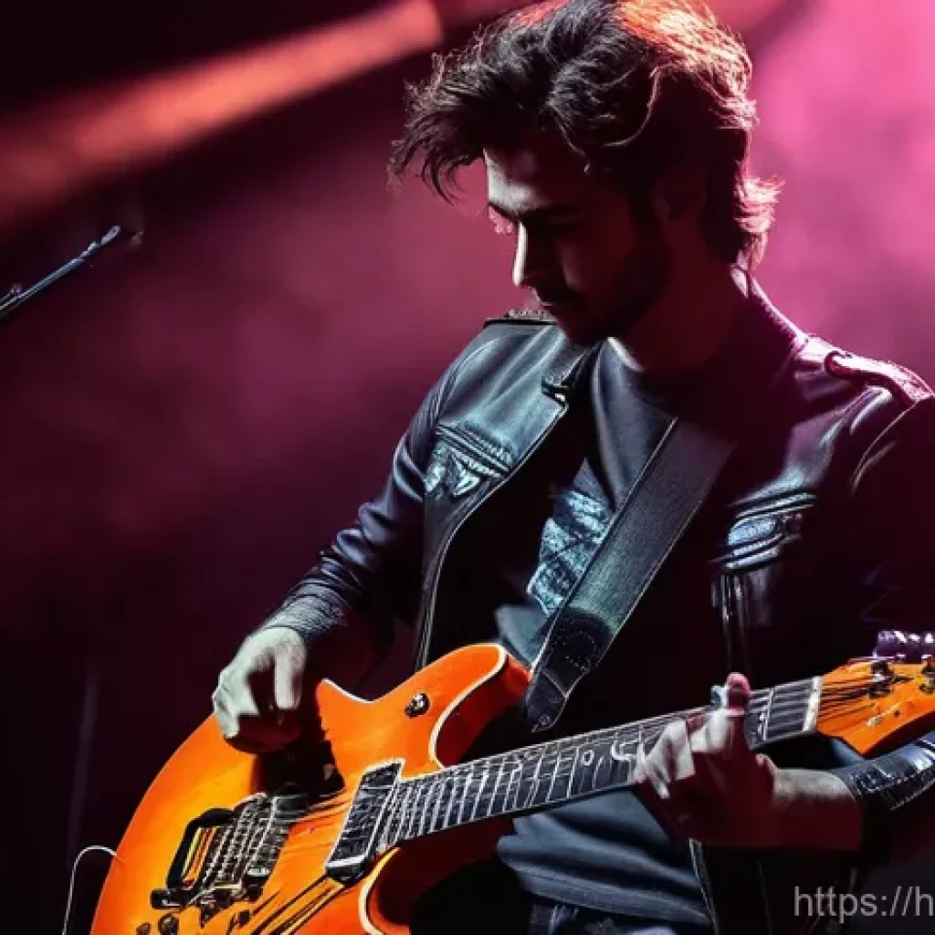 기타 음향 효과 원리 - **Prompt:** A male guitarist, in his late 20s, with a determined expression, standing on a dimly lit...