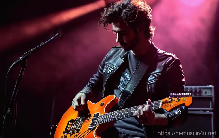 기타 음향 효과 원리 - **Prompt:** A male guitarist, in his late 20s, with a determined expression, standing on a dimly lit...