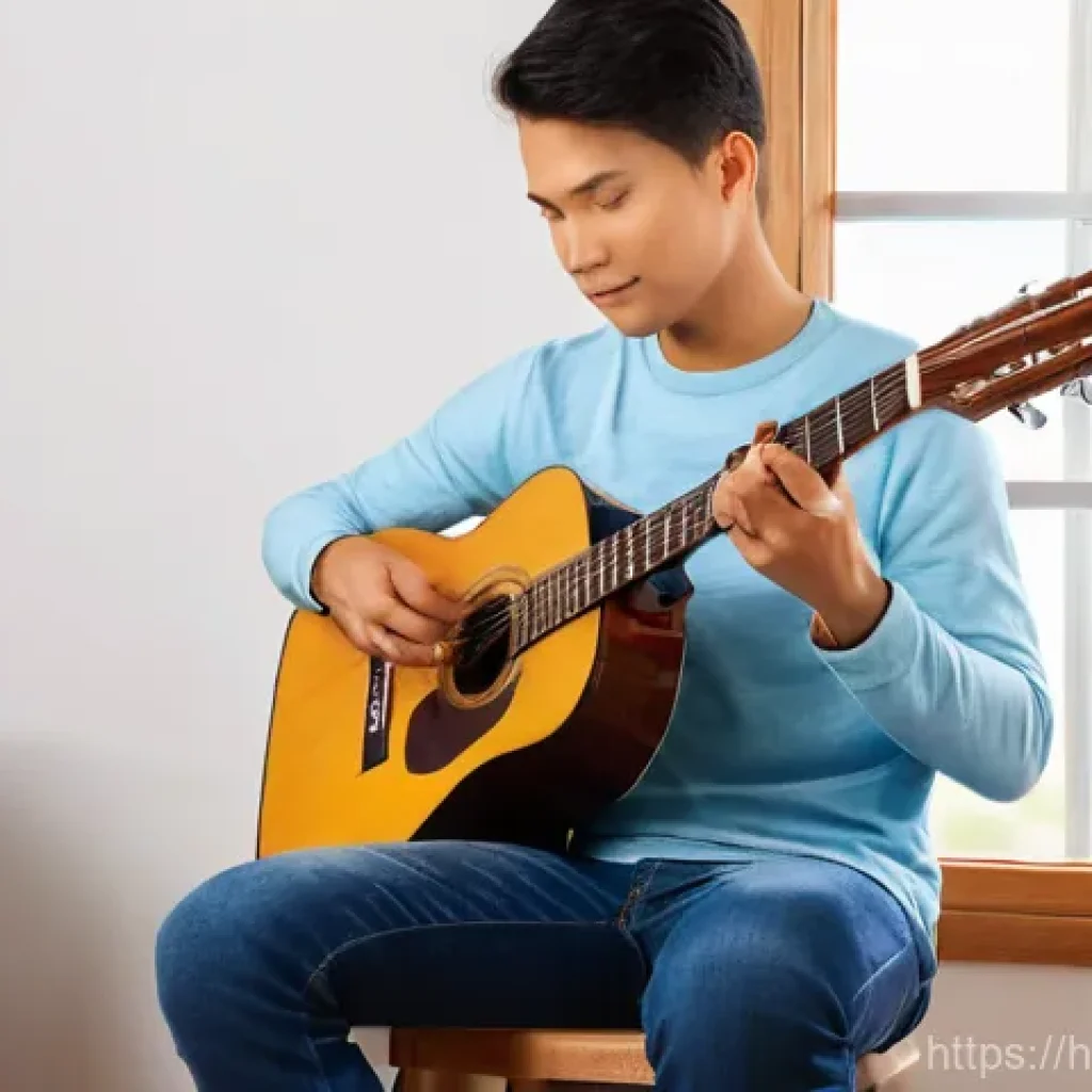 기타 음정 조율 이론 - **Prompt 1: Beginner Acoustic Guitar Tuning with a Smartphone App**
"A young person, around 16 y...