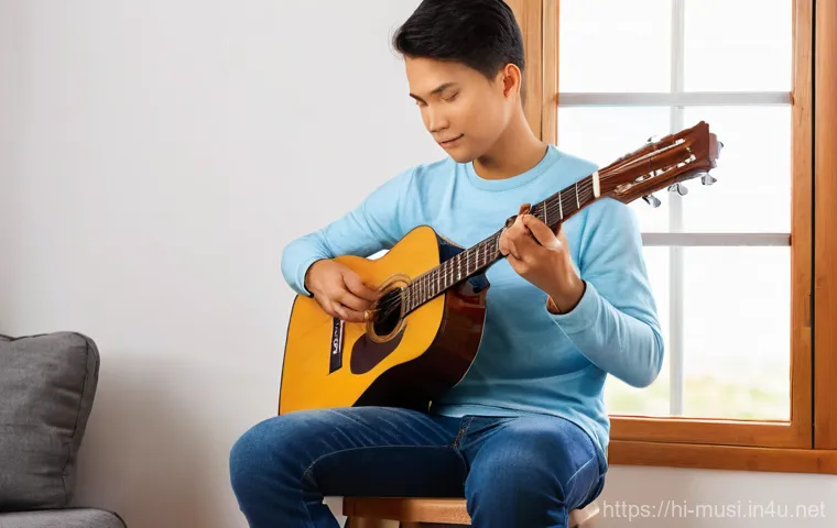 기타 음정 조율 이론 - **Prompt 1: Beginner Acoustic Guitar Tuning with a Smartphone App**
"A young person, around 16 y...