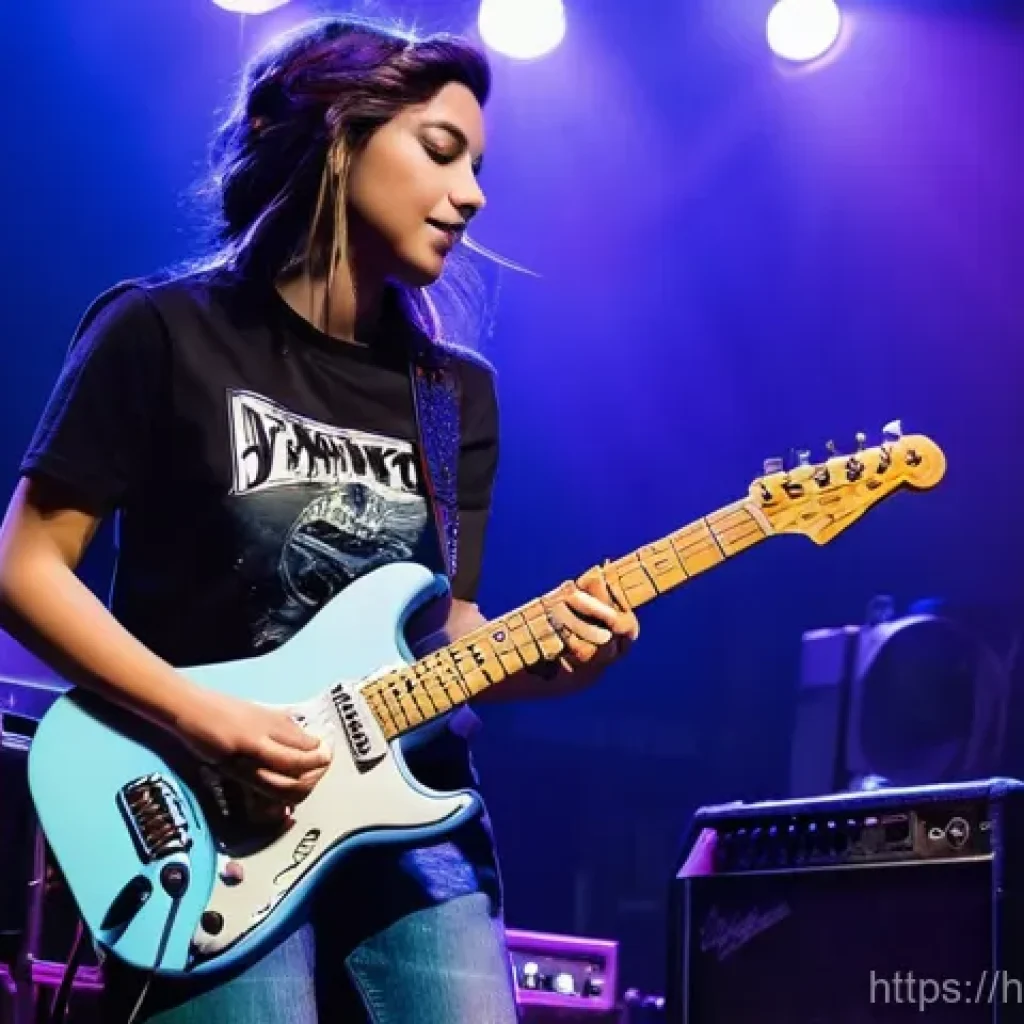 기타 페달보드 조립법 - **A passionate female guitarist on a vibrantly lit stage, mid-performance.** She is in her early twe...