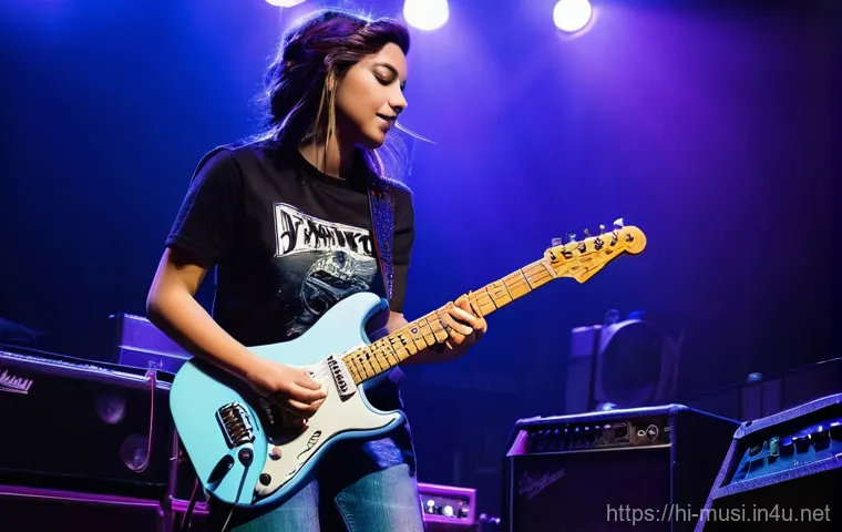 기타 페달보드 조립법 - **A passionate female guitarist on a vibrantly lit stage, mid-performance.** She is in her early twe...