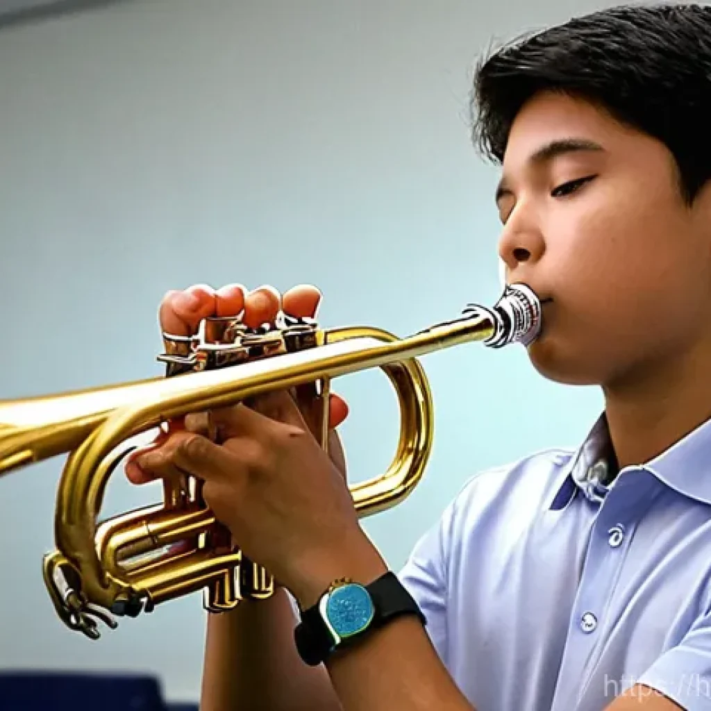 트럼펫 연주 테크닉 - **Prompt for Breath Control and Embouchure:**
"A young, dedicated trumpet player, a teenager, st...