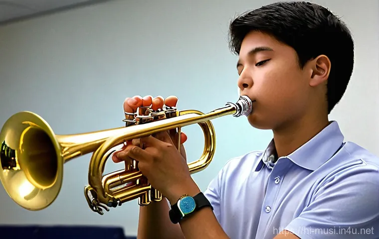 트럼펫 연주 테크닉 - **Prompt for Breath Control and Embouchure:**
"A young, dedicated trumpet player, a teenager, st...