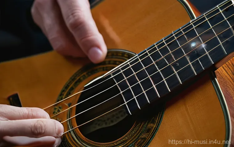 기타 튜닝 머신 종류 - **Prompt:** A close-up, artistic shot of a musician's hands gently adjusting a sophisticated, high-r...
