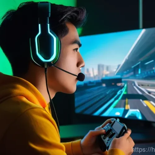 Home 21 기타 브랜드별 스펙 비교 - **Prompt:** "A dynamic, high-angle shot of a young adult, dressed in comfortable casual gaming attir...