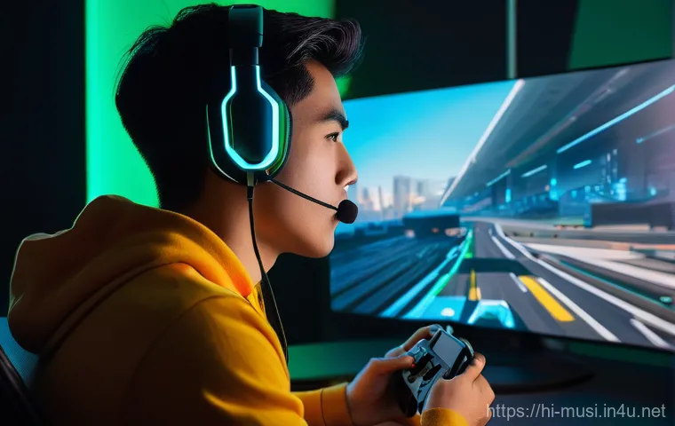 기타 브랜드별 스펙 비교 - **Prompt:** "A dynamic, high-angle shot of a young adult, dressed in comfortable casual gaming attir...